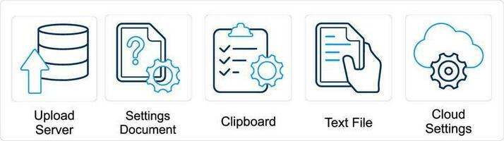 un conjunto de 5 5 mezcla íconos como subir servidor, ajustes documento, portapapeles vector