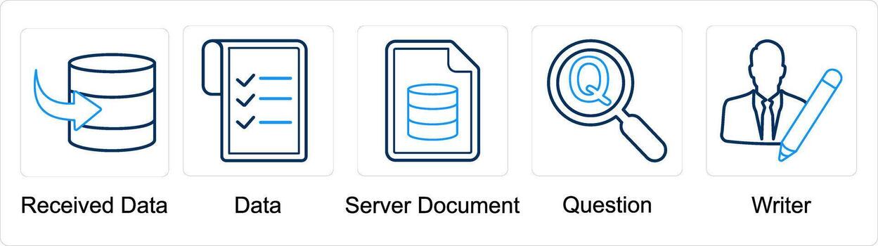 A set of 5 mix icons as received data, data, server document, question vector