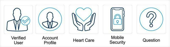 A set of 5 mix icons as verified user, account profile, heart care vector