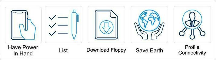 A set of 5 mix icons as have power in hand, list, download floppy vector