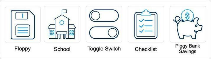 A set of 5 mix icons as floppy, school, toggle switch vector