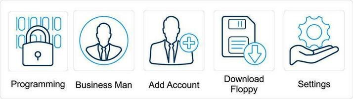 A set of 5 mix icons as programming, businessman, add account vector