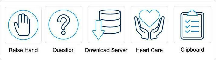 A set of 5 mix icons as raise hand, question, download server vector