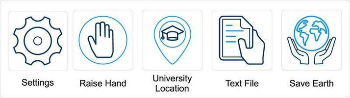 A set of 5 mix icons as settings, raise hand, university location vector