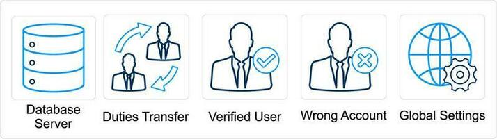 A set of 5 mix icons as database server, duties transfer, verified user vector