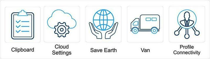 A set of 5 mix icons as clipboard, cloud settings, save earth vector