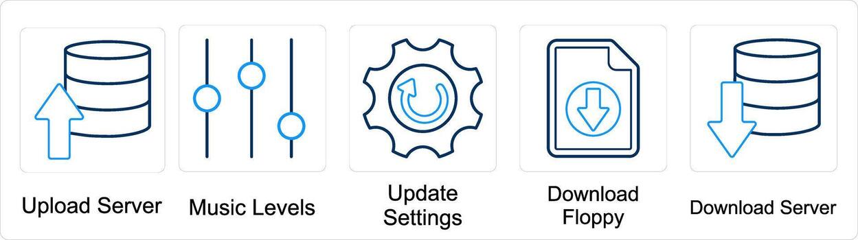 A set of 5 mix icons as upload server, music levels, update settings vector