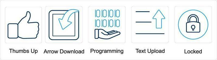 un conjunto de 5 5 mezcla íconos como pulgares arriba, flecha descargar, texto subir vector