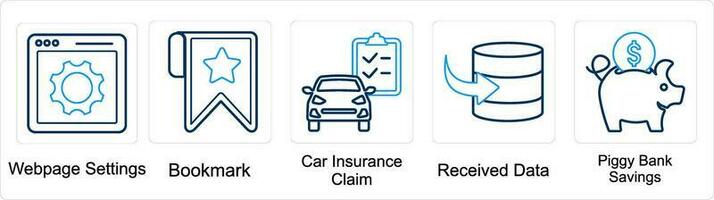 A set of 5 mix icons as webpage settings, bookmark, car insurance claim vector