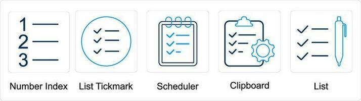 A set of 5 mix icons as number index, list tickmark, scheduler vector