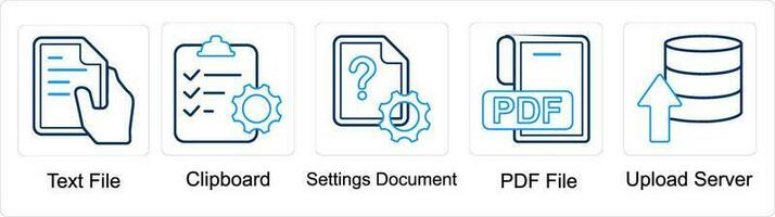 A set of 5 mix icons as text file, clipboard, settings document, pdf file vector