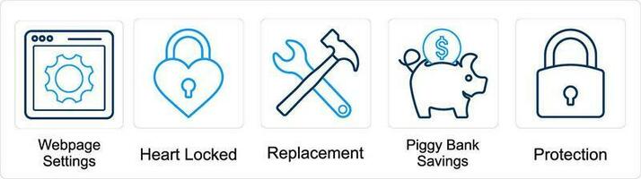 A set of 5 mix icons as webpage settings, heart locked, replacement vector