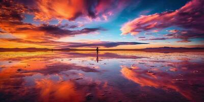 ai generado. ai generativo. bolivia sal lago. rosado nubes reflejar en agua lago superficie. aventuras viaje vacaciones al aire libre naturaleza onda. gráfico Arte foto