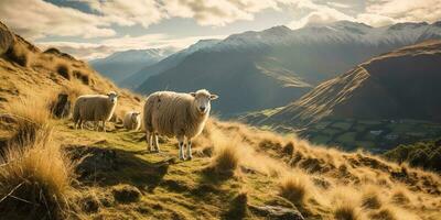 ai generado. ai generativo. ovejas pasto en hermosa montaña colinas paisaje. paz frío al aire libre naturaleza onda. gráfico Arte foto