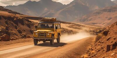 ai generado. ai generativo. coche todoterreno vehículo en Desierto arena paisaje. la carretera aventuras viaje viaje vacaciones. gráfico Arte foto