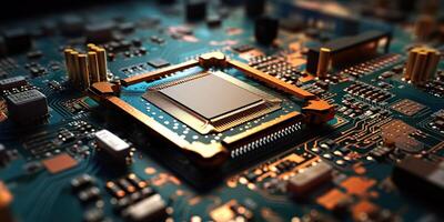 . . PC computer micro chip processor motherboard background. Digital data future background science vibe. Graphic Art photo