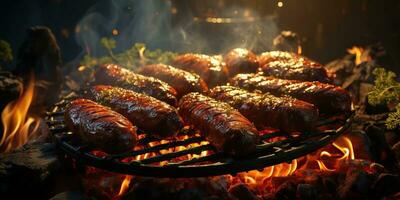 ai generado. ai generativo. barbacoa parrilla barbacoa filete beed Cerdo salchichas en fuego preparando carne alimento. fiesta jardín restaurante onda. gráfico Arte foto