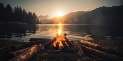 AI Generated. AI Generative. Outdoor nature wild landscape bonfire campfire camp flame relax chill lake beach side. Adventure trip relax vibe. Graphic Art photo