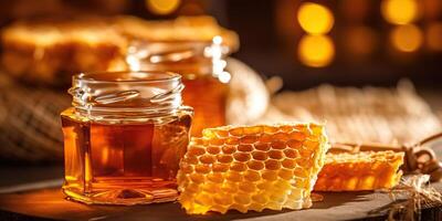 . . Honey honeycomb desert with wooden stick and glass. Healthy sugar desert. Graphic Art photo