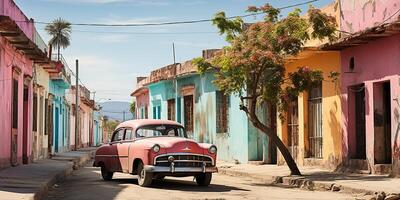 ai generado. ai generativo. clásico Clásico retro rosado cadillac a Cuba latín tropical exótico paisaje. aventuras vacaciones caribe palme arboles soleado calle onda. gráfico Arte foto