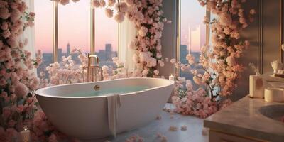 AI Generated. AI Generative. Beauty luxury chic elegant bathroom spa realx chill hotel vacation femine room. Many flowers and calm romantic vibe. Graphic Art photo