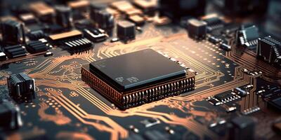 . . PC computer micro chip processor motherboard background. Digital data future background science vibe. Graphic Art photo
