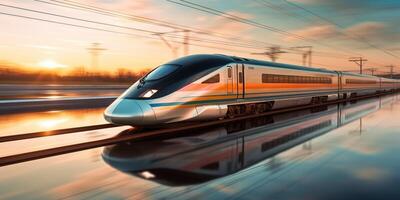 . . High speed train move motion on railway locomotive passenger. Adventure business vibe. Graphic Art photo