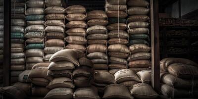. . Sacks of goods in modern warehouse. Transport shipping storage building indoor. Graphic Art photo