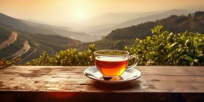 ai generado. ai generativo. taza de verde té con campo verde plantación montaña antecedentes escena. gráfico Arte foto