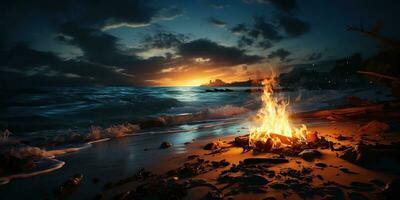 AI Generated. AI Generative. Sunset evening night bonfire campfire fire wood at sea ocean coast beach sand. Adventure vacation trip camping vibe. Graphic Art photo