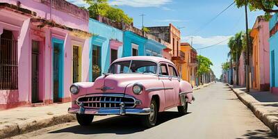 AI Generated. AI Generative. Classic vintage retro pink cadillac at cuba latin tropical exotic landscape. Adventure vacation caribiam palme trees sunny street vibe. Graphic Art photo