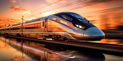 . . High speed train move motion on railway locomotive passenger. Adventure business vibe. Graphic Art photo