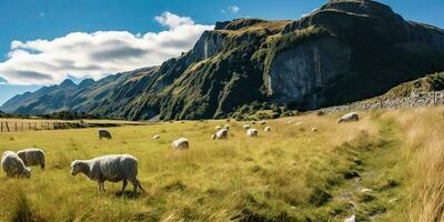 AI Generated. AI Generative. Sheeps grazing on beautiful mountain hills landscape. Peace chill outdoor nature vibe. Graphic Art photo