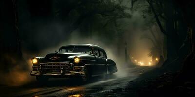AI Generated. AI Generative. Vintage retro classic car on road mist fog forest tree nature outdoor dark gothic scary halloween vibe. Graphic Art photo