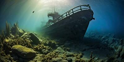 ai generado. ai generativo. debajo agua mar Oceano escafandra autónoma diferenciándose aventuras submarino explorar viaje antiguo historia barco. náutico marina profundo bluew ambiente.gráfico Arte foto