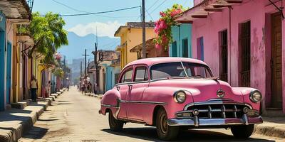 AI Generated. AI Generative. Classic vintage retro pink cadillac at cuba latin tropical exotic landscape. Adventure vacation caribiam palme trees sunny street vibe. Graphic Art photo