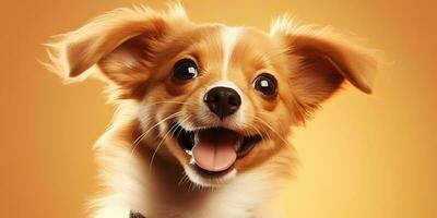 ai generado. ai generativo. contento citar sonrisa perro frontal cara frontal retrato. animal mascota comida promoción marketing. gráfico Arte foto