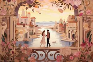Romantic scene featuring a couple standing on a bridge with a beautiful city in the background. photo