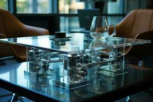 Modern glass table with intricate metal frame and glass pieces photo