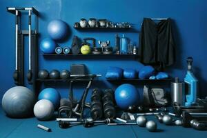 a room or area dedicated to physical fitness and exercise, containing an assortment of equipment such as weights photo