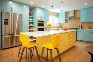 Modern and vibrant kitchen with bright yellow chairs at an island photo