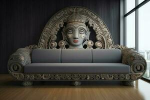 Decorative Wooden Couch with Carvings, Including a Faces Carving photo