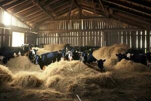 un manada de vacas en un granero con heno, compartiendo un oscuro espacio foto
