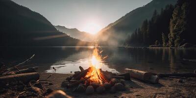 AI Generated. AI Generative. Outdoor nature wild landscape bonfire campfire camp flame relax chill lake beach side. Adventure trip relax vibe. Graphic Art photo