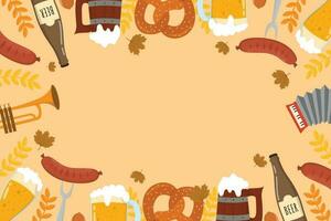 Flat background for oktoberfest celebration. A mug of beer, a bottle of beer, a pretzel, a sausage vector