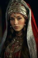 Eastern European Woman Wearing Cultural Headpiece and Headdress photo