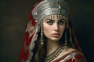 oriental europeo mujer con tradicional sombreros foto