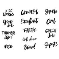 a set of handwritten words that say things like great job, excellent, wonderful, great, great vector