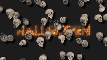 3d crânes flottant lent mouvement content Halloween texte apparaît derrière il,, 3d le rendu video