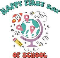 Hello First Day Of School- text for children. vector illustration.